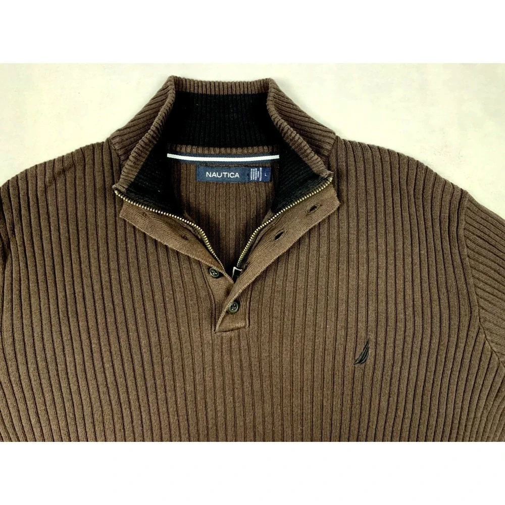 Nautica Sweater Mens‎ L Brown 1/4 Zip Rib Knit Cotton Pullover Casual